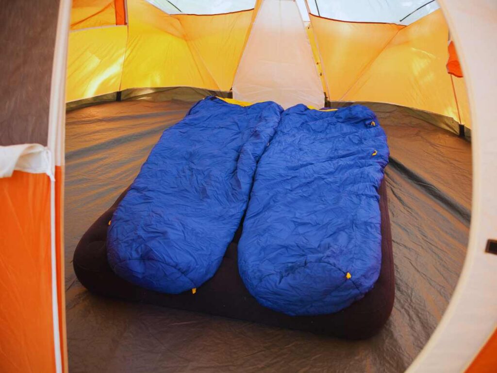 Sleeping bags in a tent