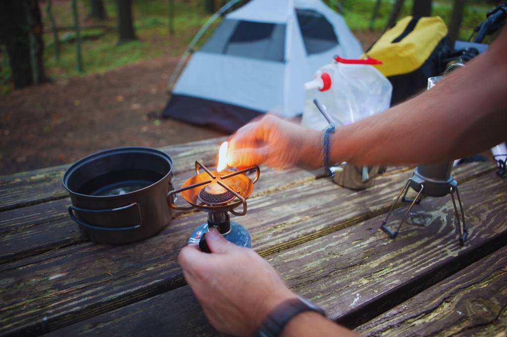 lighting a camping stove